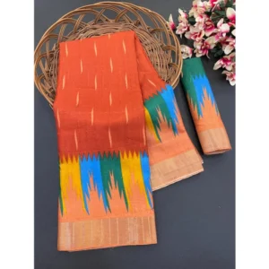 Cotton Blend Printed Saree With Unstitched Blouse (Red, 5-5 Mtrs)