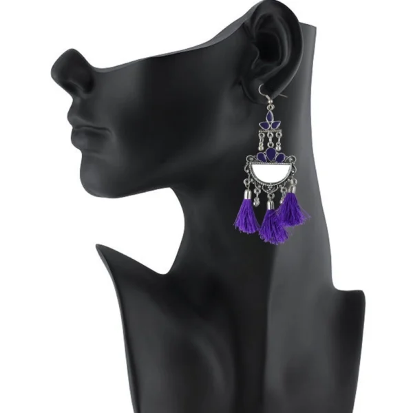 Generic Women's Silver Plated Afgani Tassel Earring (Color: Purple) - Image 2