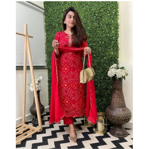 Generic Women's Casual Rayon Printed Full Sleeve Kurti Set With Dupatta (Red) - Image 3