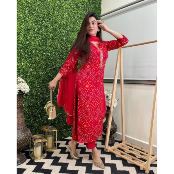 Generic Women's Casual Rayon Printed Full Sleeve Kurti Set With Dupatta (Red) - Image 5