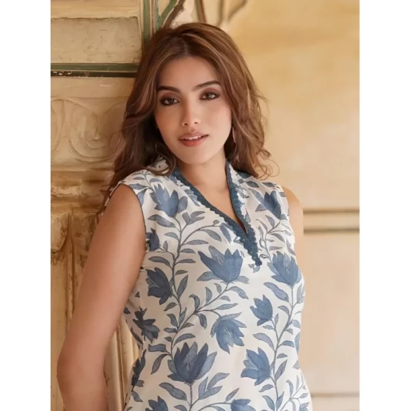 Generic Women's Casual Cotton Printed Sleeveless Kurti Set (White-Blue) - Image 4