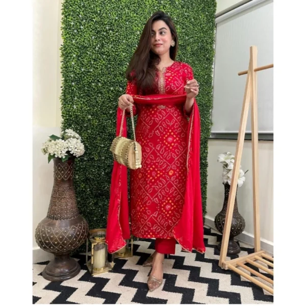 Generic Women's Casual Rayon Printed Full Sleeve Kurti Set With Dupatta (Red) - Image 4