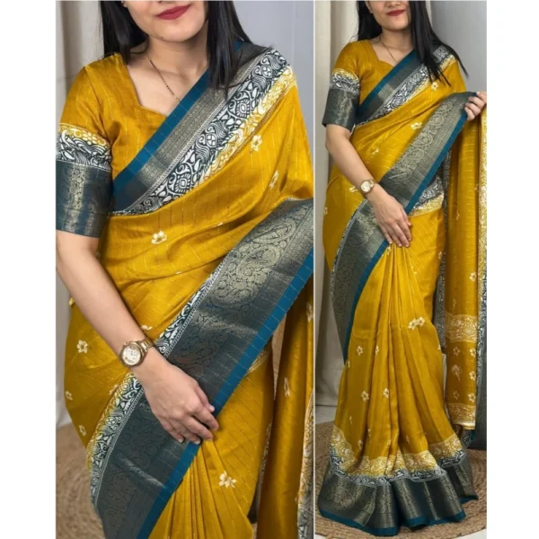 Generic Women's Cotton Silk Printed Saree With Unstitched Blouse 5.5Mtr (Mustard) - Image 2