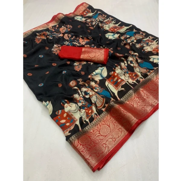 Generic Women's Dola Silk Printed Saree With Unstitched Blouse 5.5Mtr (Black) - Image 2
