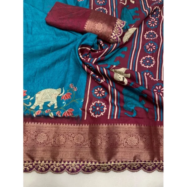 Generic Women's Dola Silk Printed Saree With Unstitched Blouse 5.5Mtr (Blue) - Image 2