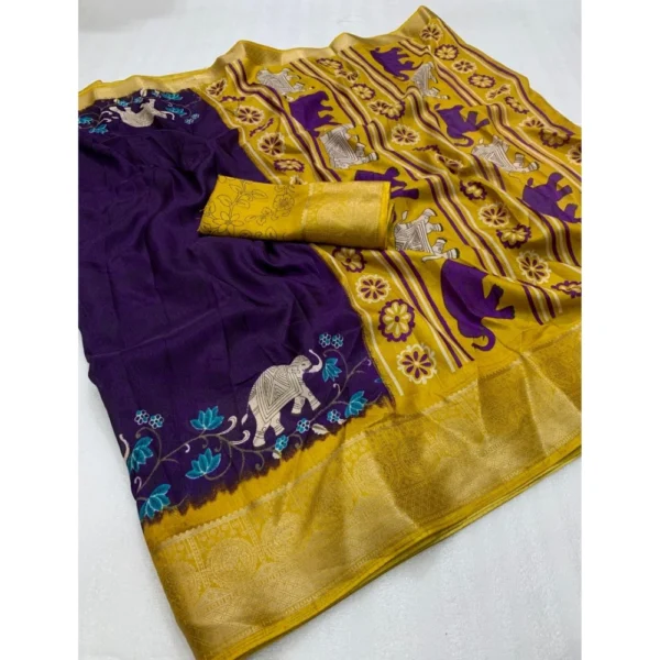 Generic Women's Dola Silk Printed Saree With Unstitched Blouse 5.5Mtr (Purple) - Image 2