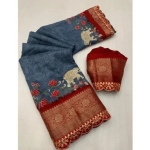 Generic Women's Dola Silk Printed Saree With Unstitched Blouse 5.5Mtr (Grey)