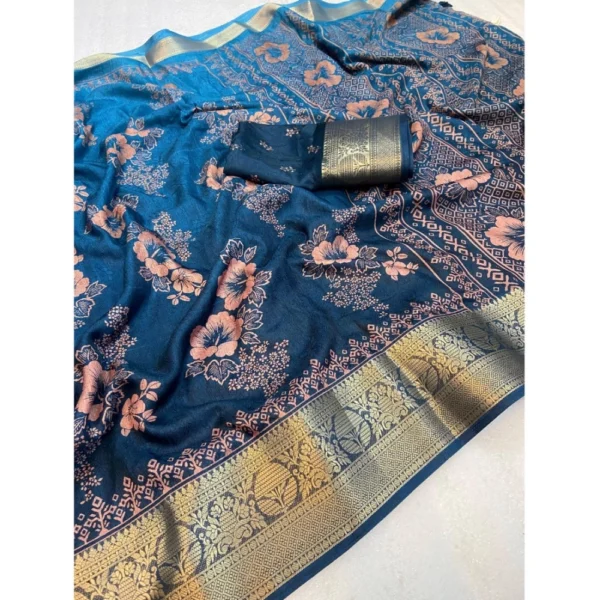 Generic Women's Jacquard Printed Saree With Unstitched Blouse 5.5Mtr (Blue) - Image 2