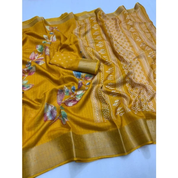Generic Women's Dola Silk Printed Saree With Unstitched Blouse 5.5Mtr (Yellow) - Image 2