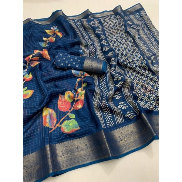 Generic Women's Dola Silk Printed Saree With Unstitched Blouse 5.5Mtr (Blue) - Image 2