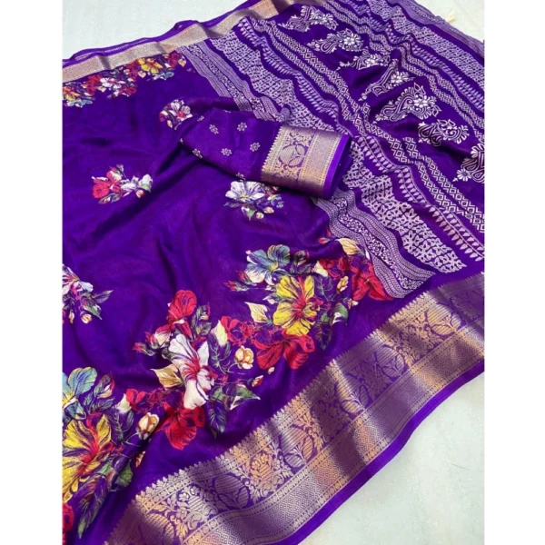 Generic Women's Jacquard Printed Saree With Unstitched Blouse 5.5Mtr (Purple) - Image 2