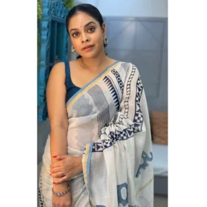 Generic Women's Pure Chanderi Printed Saree With Unstitched Blouse 5.5Mtr (White)