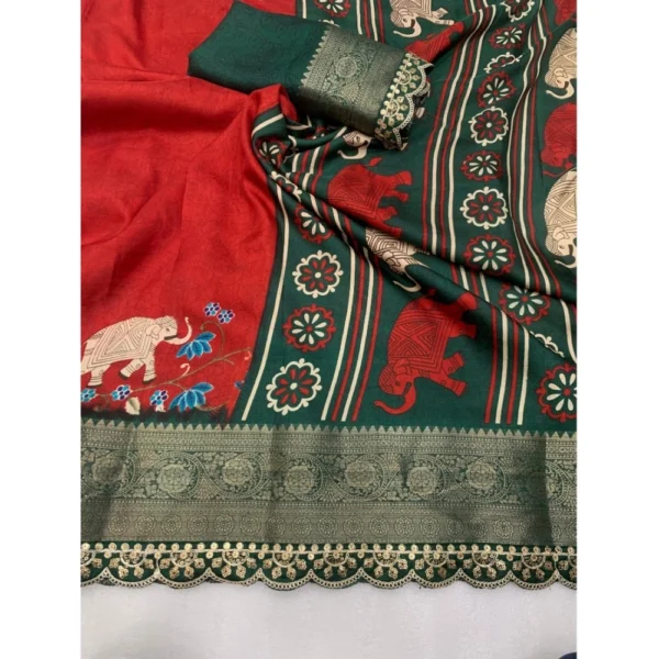 Generic Women's Dola Silk Printed Saree With Unstitched Blouse 5.5Mtr (Red) - Image 2