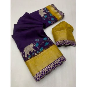 Generic Women's Dola Silk Printed Saree With Unstitched Blouse 5.5Mtr (Purple)