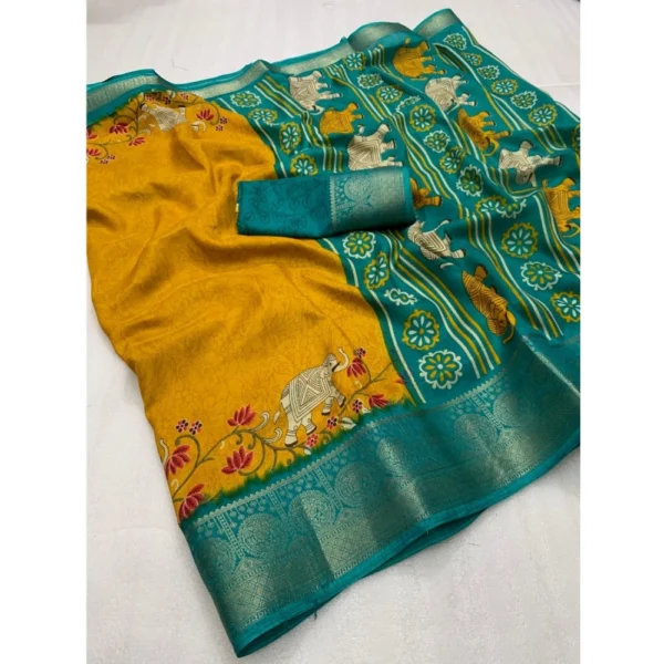 Generic Women's Dola Silk Printed Saree With Unstitched Blouse 5.5Mtr (Mustard) - Image 2