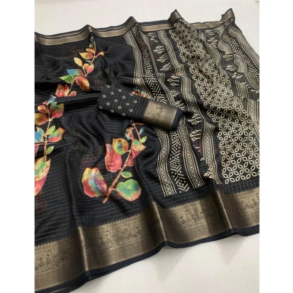 Generic Women's Dola Silk Printed Saree With Unstitched Blouse 5.5Mtr (Black) - Image 2