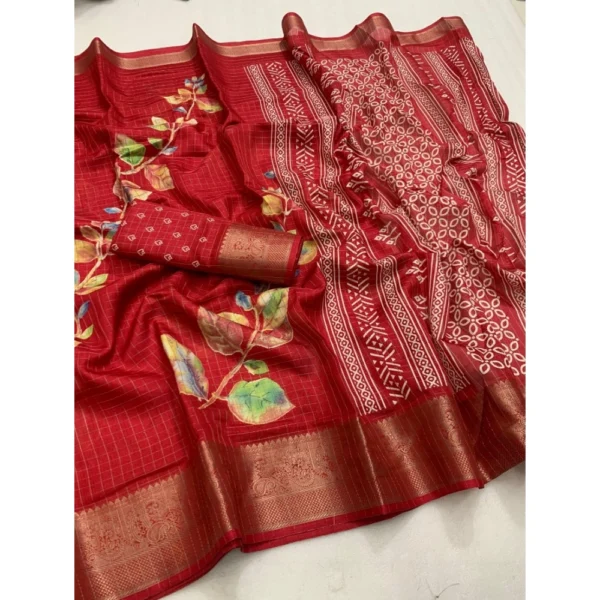 Generic Women's Dola Silk Printed Saree With Unstitched Blouse 5.5Mtr (Red) - Image 2