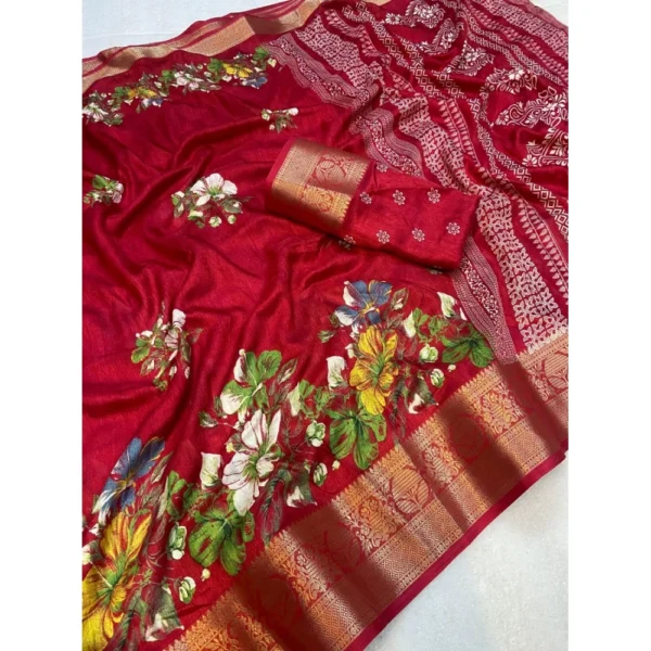 Generic Women's Jacquard Printed Saree With Unstitched Blouse 5.5Mtr (Red) - Image 2