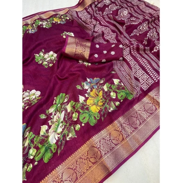 Generic Women's Jacquard Printed Saree With Unstitched Blouse 5.5Mtr (Wine) - Image 2