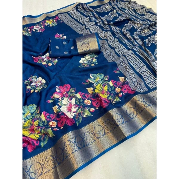 Generic Women's Jacquard Printed Saree With Unstitched Blouse 5.5Mtr (Blue) - Image 2