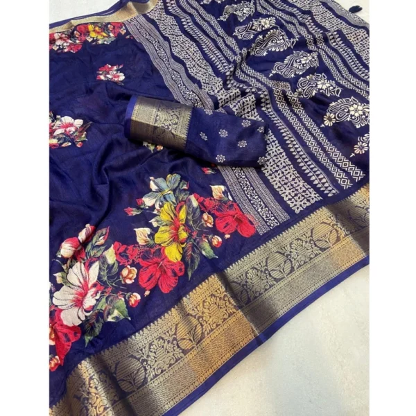 Generic Women's Jacquard Printed Saree With Unstitched Blouse 5.5Mtr (Navy Blue) - Image 2