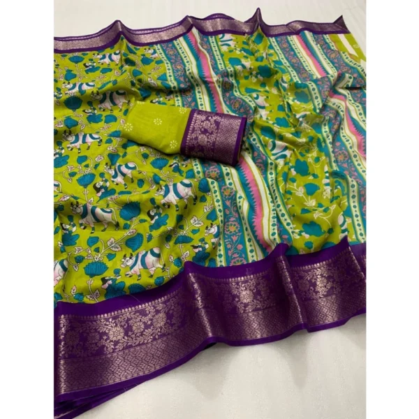 Generic Women's Dola Silk Printed Saree With Unstitched Blouse 5.5Mtr (Green) - Image 2