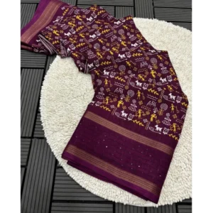 Generic Women's Dola Silk Printed Saree With Unstitched Blouse 5.5Mtr (Wine)