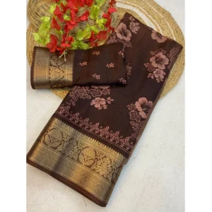 Generic Women's Jacquard Printed Saree With Unstitched Blouse 5.5Mtr (Brown)