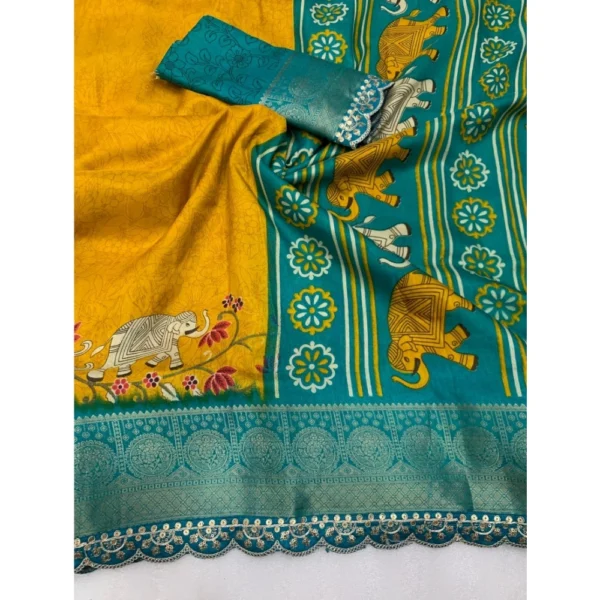 Generic Women's Dola Silk Printed Saree With Unstitched Blouse 5.5Mtr (Mustard) - Image 2