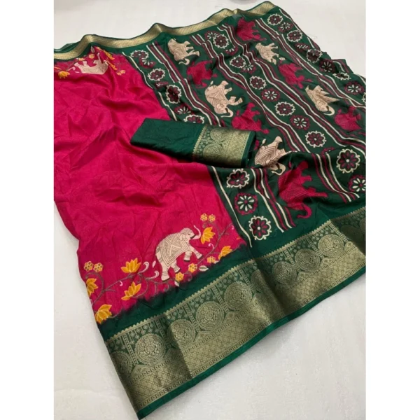 Generic Women's Dola Silk Printed Saree With Unstitched Blouse 5.5Mtr (Pink) - Image 2
