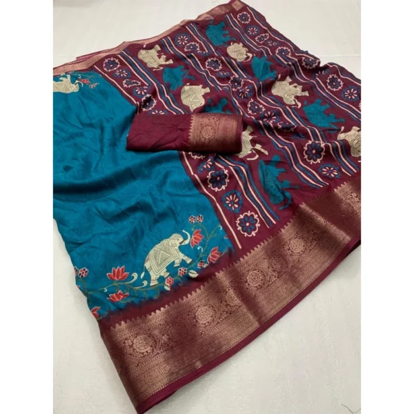 Generic Women's Dola Silk Printed Saree With Unstitched Blouse 5.5Mtr (Blue) - Image 2