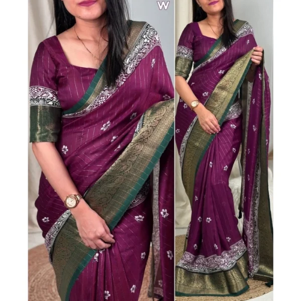 Generic Women's Cotton Silk Printed Saree With Unstitched Blouse 5.5Mtr (Wine) - Image 2