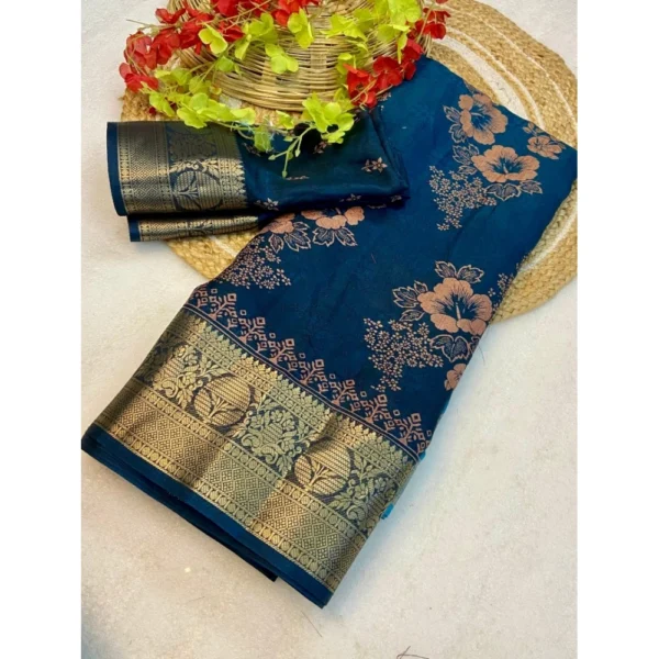 Generic Women's Jacquard Printed Saree With Unstitched Blouse 5.5Mtr (Blue)