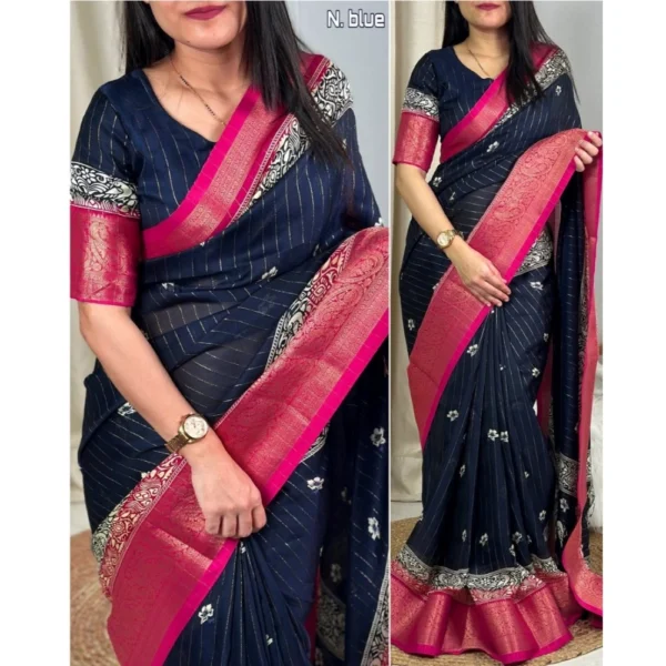 Generic Women's Cotton Silk Printed Saree With Unstitched Blouse 5.5Mtr (Navy Blue) - Image 2