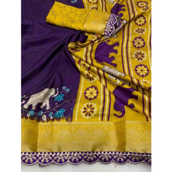 Generic Women's Dola Silk Printed Saree With Unstitched Blouse 5.5Mtr (Purple) - Image 2