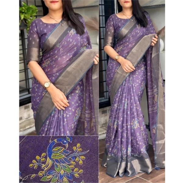 Generic Women's Cotton Zari Printed Saree With Unstitched Blouse 5.5Mtr (Purple) - Image 2