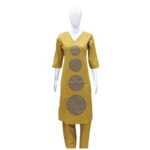 Generic Women's Cotton Blended Printed 3/4th Sleeve V Neck Kurti With Pant Set (Mustard)