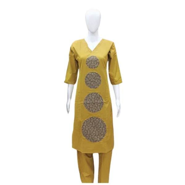 Generic Women's Cotton Blended Printed 3/4th Sleeve V Neck Kurti With Pant Set (Mustard)