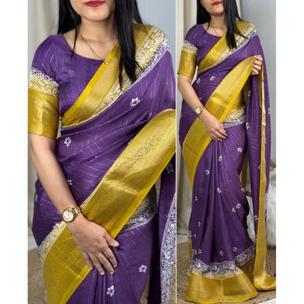 Generic Women's Cotton Silk Printed Saree With Unstitched Blouse 5.5Mtr (Purple) - Image 2