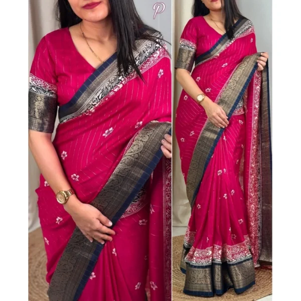 Generic Women's Cotton Silk Printed Saree With Unstitched Blouse 5.5Mtr (Pink) - Image 2