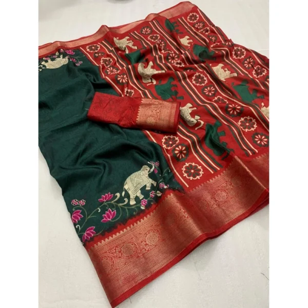 Generic Women's Dola Silk Printed Saree With Unstitched Blouse 5.5Mtr (Green) - Image 2