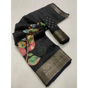 Generic Women's Dola Silk Printed Saree With Unstitched Blouse 5.5Mtr (Black)