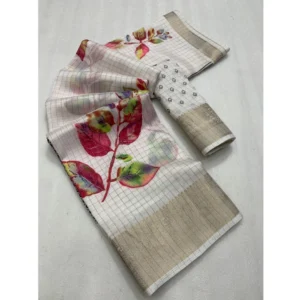 Generic Women's Dola Silk Printed Saree With Unstitched Blouse 5.5Mtr (White)