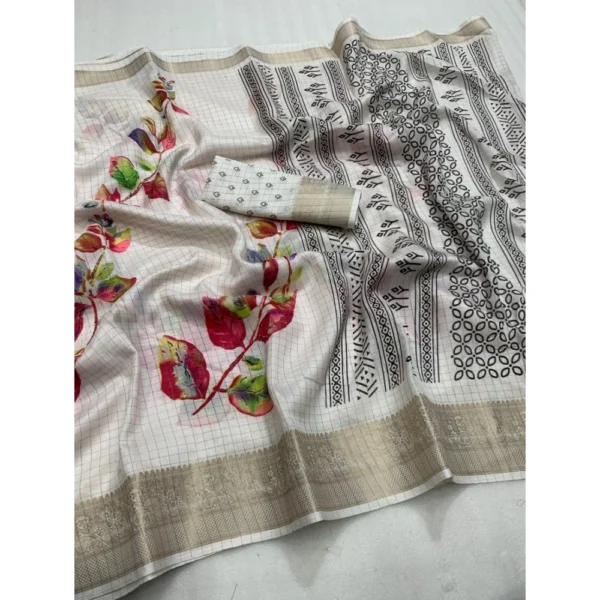 Generic Women's Dola Silk Printed Saree With Unstitched Blouse 5.5Mtr (White) - Image 2