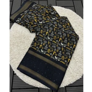 Generic Women's Dola Silk Printed Saree With Unstitched Blouse 5.5Mtr (Black)
