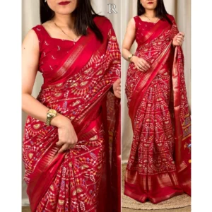 Generic Women's Denting Cotton Printed Saree With Unstitched Blouse 5.5Mtr (Red)