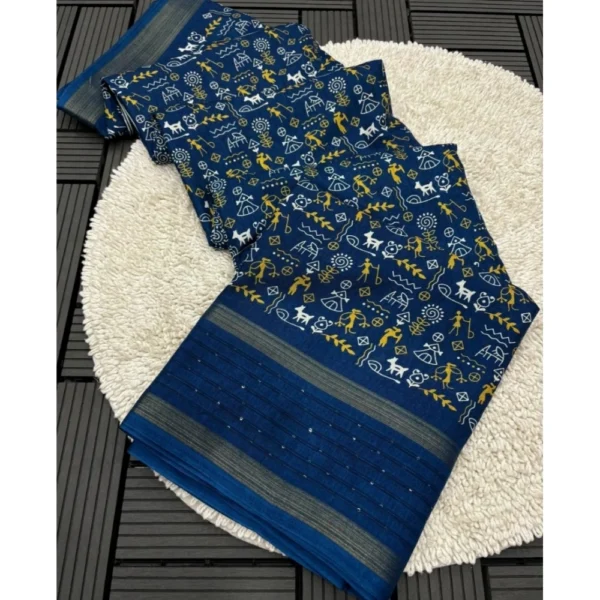 Generic Women's Dola Silk Printed Saree With Unstitched Blouse 5.5Mtr (Blue)