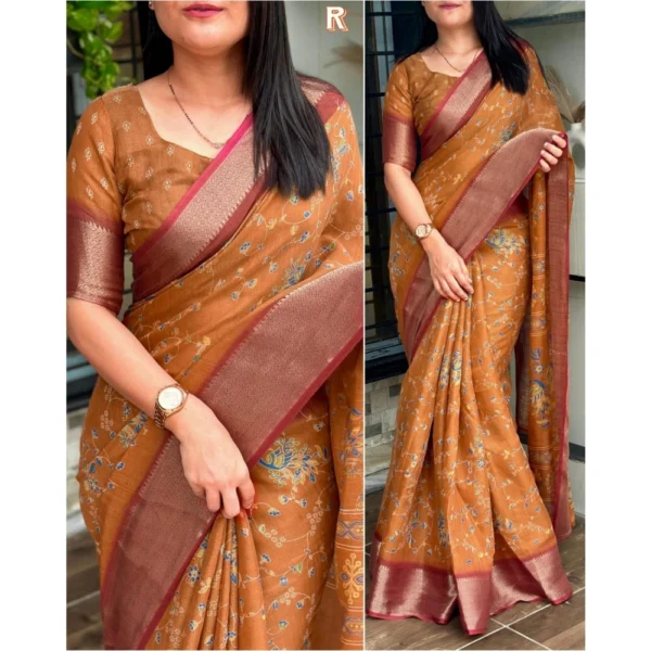 Generic Women's Cotton Zari Printed Saree With Unstitched Blouse 5.5Mtr (Mustard) - Image 2