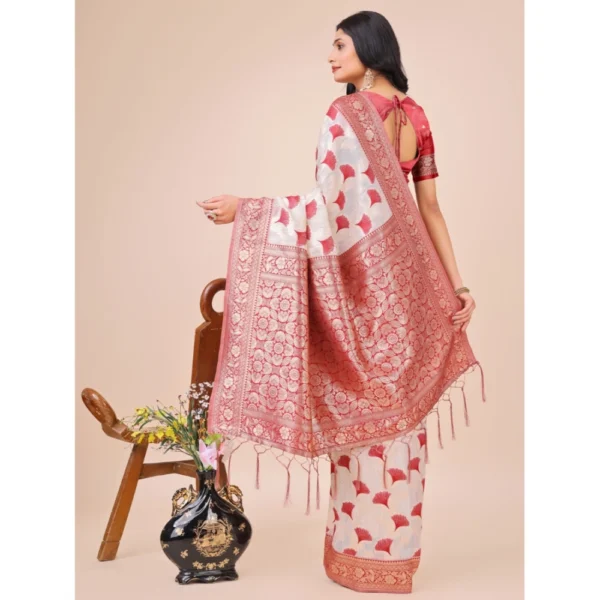Generic Women's Linen Cotton Printed Saree With Unstitched Blouse 5.5Mtr (Maroon) - Image 3