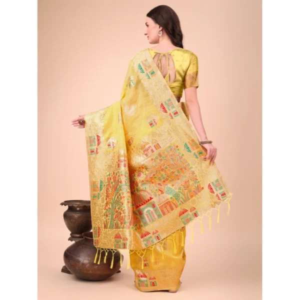 Generic Women's Linen Cotton Printed Saree With Unstitched Blouse 5.5Mtr (Yellow) - Image 3